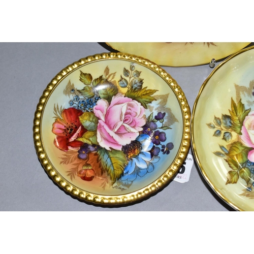 535 - TWO AYNSLEY FLORAL DECORATED TRINKET DISHES AND SAUCER BY J. A. BAILEY, one trinket dish with gilt w... 