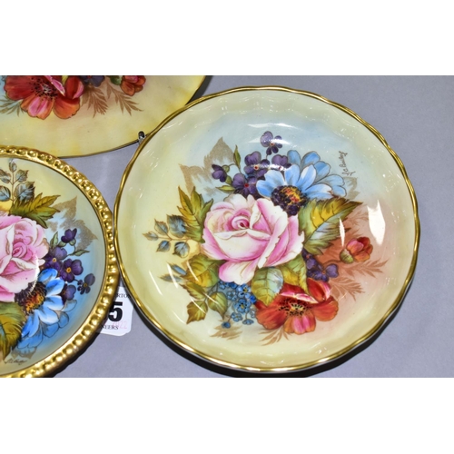 535 - TWO AYNSLEY FLORAL DECORATED TRINKET DISHES AND SAUCER BY J. A. BAILEY, one trinket dish with gilt w... 