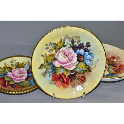 535 - TWO AYNSLEY FLORAL DECORATED TRINKET DISHES AND SAUCER BY J. A. BAILEY, one trinket dish with gilt w... 