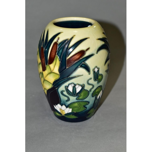 537 - A MOORCROFT POTTERY 'LAMIA' PATTERN VASE, of shouldered form, tube lined with reeds and waterlilies ... 