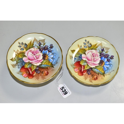 539 - TWO AYNSLEY FLORAL DECORATED PEDESTAL DISHES BY J. A. BAILEY, with wavy rims and gilt bases, both be... 