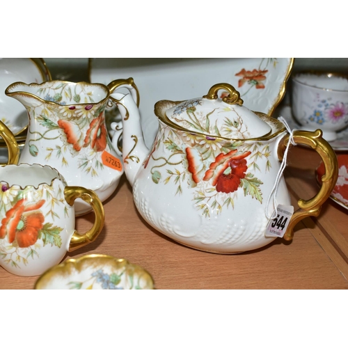 544 - AN AYNSLEY POPPY FORTY NINE PIECE TEA SET, comprising a teapot, a cake plate, a slop bowl, four diff... 