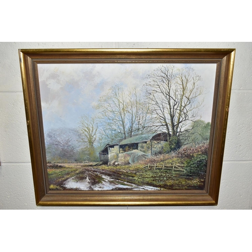 557 - DENNIS HARPER (BRITISH CONTEMPORARY) 'BARN NEAR CANNOCK CHASE' a winter scene of a barn beside a mud... 