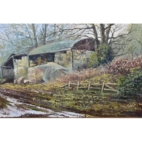 557 - DENNIS HARPER (BRITISH CONTEMPORARY) 'BARN NEAR CANNOCK CHASE' a winter scene of a barn beside a mud... 