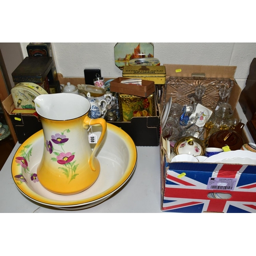 558 - TWO BOXES OF CERAMICS AND COLLECTABLE VINTAGE TINS, to include a JHW & Sons Ltd 'Falcon Ware' wash b... 