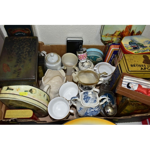 558 - TWO BOXES OF CERAMICS AND COLLECTABLE VINTAGE TINS, to include a JHW & Sons Ltd 'Falcon Ware' wash b... 