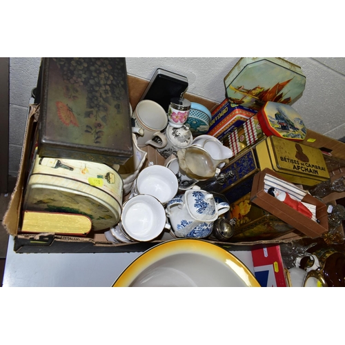 558 - TWO BOXES OF CERAMICS AND COLLECTABLE VINTAGE TINS, to include a JHW & Sons Ltd 'Falcon Ware' wash b... 