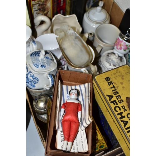 558 - TWO BOXES OF CERAMICS AND COLLECTABLE VINTAGE TINS, to include a JHW & Sons Ltd 'Falcon Ware' wash b... 