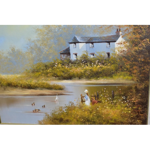 560 - LES PARSON (BRITISH CONTEMPORARY) A NOSTALGIC SCENE OF CHILDREN WITH  A POND YACHT ON A RIVER,  sign... 