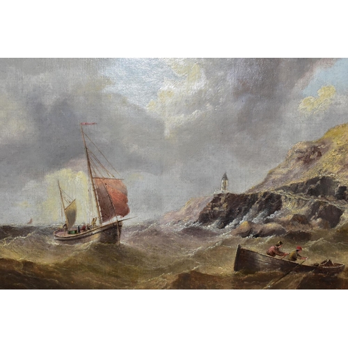 562 - H. MOORE (19TH CENTURY) A FISHING BOAT AND TENDER IN ROUGH SEAS OFF A ROCKY COASTLINE, signed and da... 