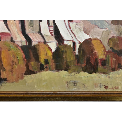 563 - TWO LATER 20TH CENTURY LANDSCAPE PAINTINGS, the first depicts a large house beyond fields and trees,... 