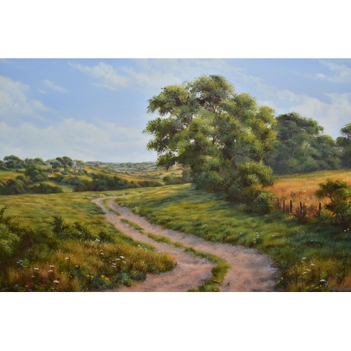 568 - LESLEY HAMMETT (BRITISH CONTEMPORARY) A PICTURESQUE MODERN ENGLISH LANDSCAPE, depicting a winding pa... 