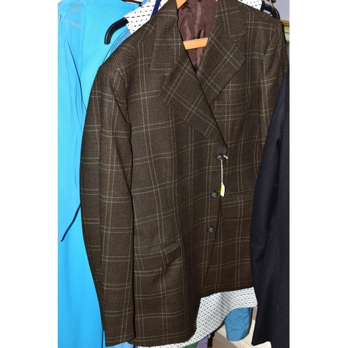 571 - A RAIL OF THIRTY TWO ITEMS OF ASSORTED VINTAGE CLOTHING comprising a gentleman's original Harris twe... 