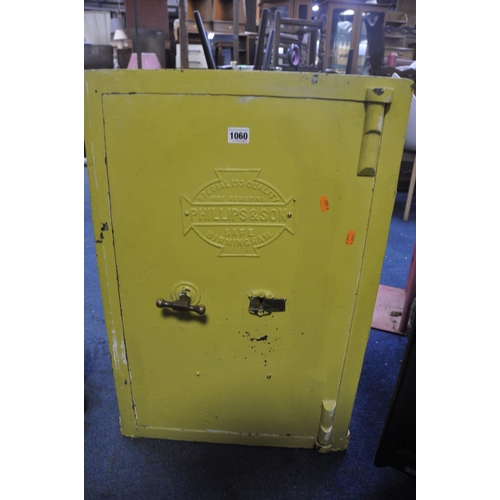 1060 - A CAST IRON SAFE branded with Philips and sons of Birmingham (no key but door open and unlocked)