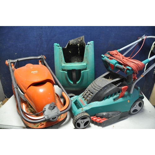 1063 - A BOSCH ROTAK36 LAWNMOWER with grass box (PAT pass and working) along with a Flymo hover compact 300... 