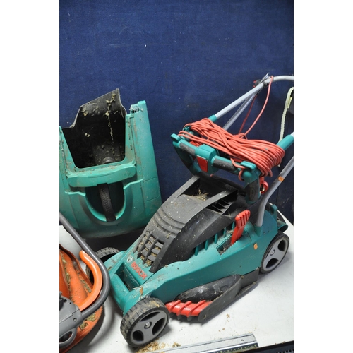 1063 - A BOSCH ROTAK36 LAWNMOWER with grass box (PAT pass and working) along with a Flymo hover compact 300... 