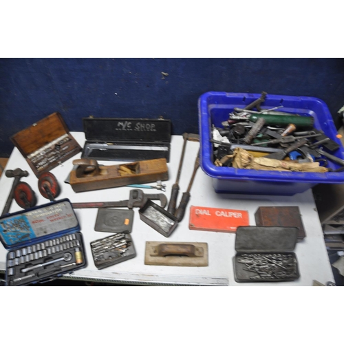 1072 - A LARGE COLLECTION OF VINTAGE TOOLS to include drill bits, socket sets, calipers, stillsons, spanner... 