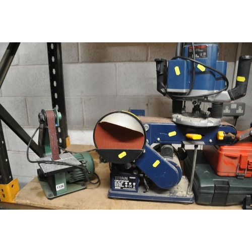 1126 - A TITAN TTB045BTS BELT AND DISC SANDER along with a Nutool 1in belt sander and a Ryobi RE601 industr... 