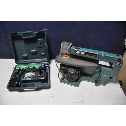 1130 - A CLARKE CSS400 SCROLL SAW with blade along with a Hitachi DN12DY cordless angle drill in original c... 