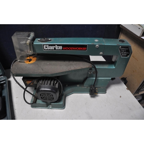 1130 - A CLARKE CSS400 SCROLL SAW with blade along with a Hitachi DN12DY cordless angle drill in original c... 