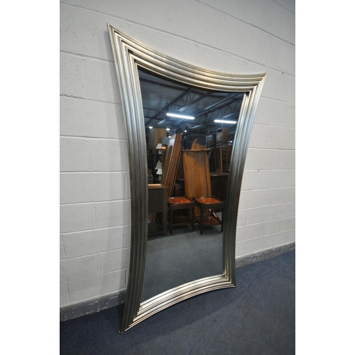 1201 - A LARGE RECTANGULAR SILVER PAINTED MIRROR, with concave edges, 216cm x 124cm (condition - minor surf... 