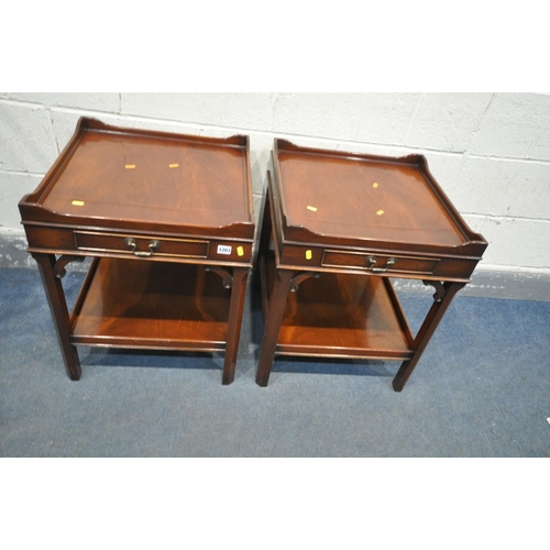 1203 - A PAIR OF MAHOGANY SQUARE SIDETABLES, with single frieze drawer, and an undershelf, 50cm squared, he... 