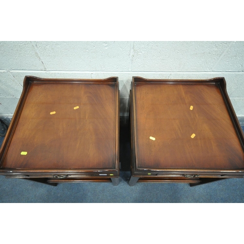 1203 - A PAIR OF MAHOGANY SQUARE SIDETABLES, with single frieze drawer, and an undershelf, 50cm squared, he... 