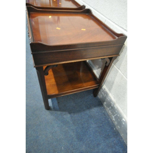 1203 - A PAIR OF MAHOGANY SQUARE SIDETABLES, with single frieze drawer, and an undershelf, 50cm squared, he... 