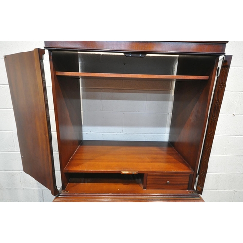 1205 - A MODERN MAHOGANY TV CABINET, top section with one adjustable shelf and a single drawer, base enclos... 