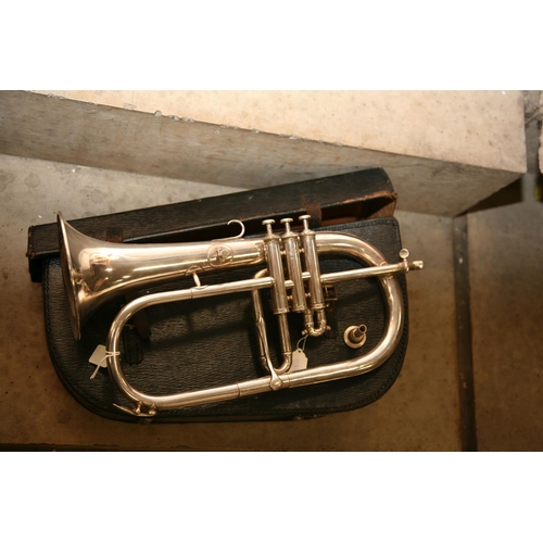 882 - A BESSON AND CO FLUGELHORN in case with mouthpiece, silver coloured finish, No to centre valve 11885... 