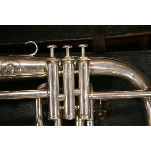 882 - A BESSON AND CO FLUGELHORN in case with mouthpiece, silver coloured finish, No to centre valve 11885... 