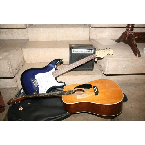 883 - A HOHNER MW-400M ACOUSTIC GUITAR , an unbranded strat type guitar and a GA 15 pracitice amp Conditio... 