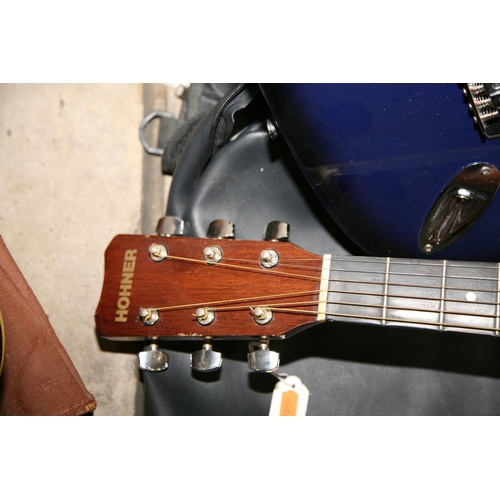 883 - A HOHNER MW-400M ACOUSTIC GUITAR , an unbranded strat type guitar and a GA 15 pracitice amp Conditio... 