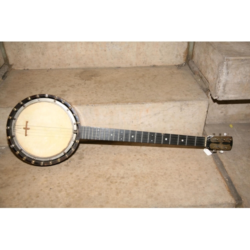 885 - A G.A.LITTLE FIVE STRING BANJO with mahogany neck, back and sides and inlay to back