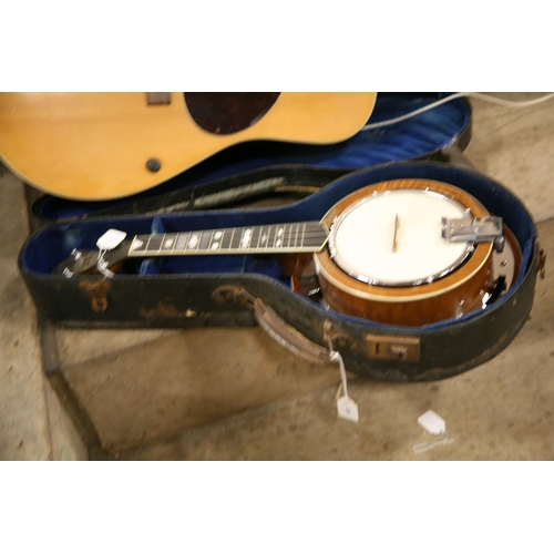 887 - A JOHN GREY AND SONS ROY SMECK SUPER BANJO in fibre case and a vintage Dreadnaught shaped acoustic g... 