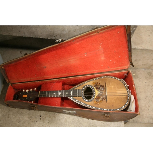 891 - A STRIDENTE, NAPOLI BOWL BACK MANDOLIN with butterfly inlay to front, in tatty leather case. Conditi... 