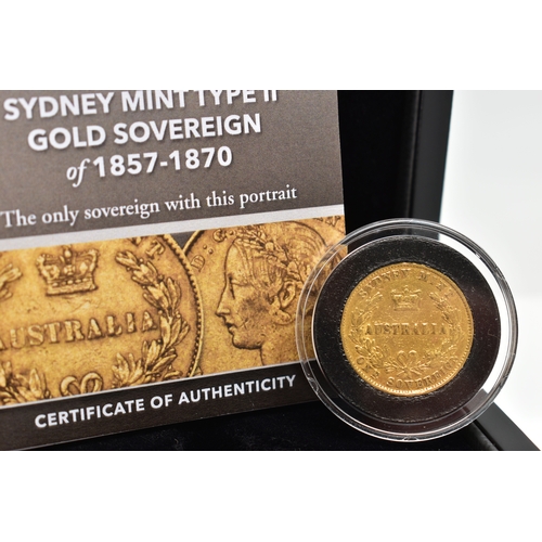 113 - A CASED QUEEN VICTORIA SYDNEY MINT TYPE II GOLD SOVEREIGN, dated 1866, within a protective plastic c... 