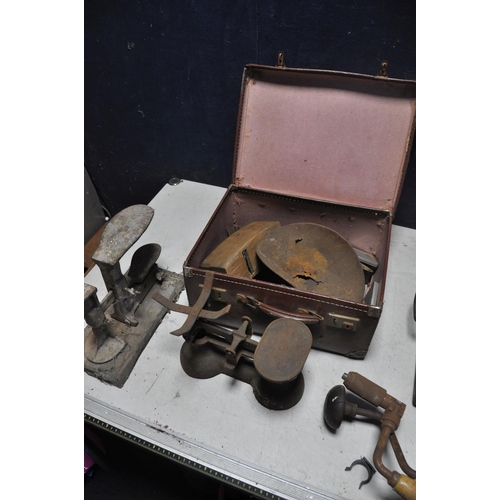 1070 - VINTAGE WOODEN TOOLCHEST to include some vintage tools, hand drills, drill bits, vintage iron, shoe ... 