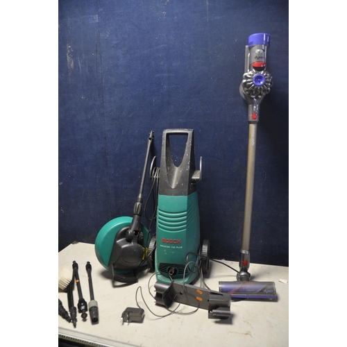 1080 - A DYSON SV10 V8 ANIMAL VACUUM with charger and wall mount along with a Bosch Aquatak 110 plus pressu... 