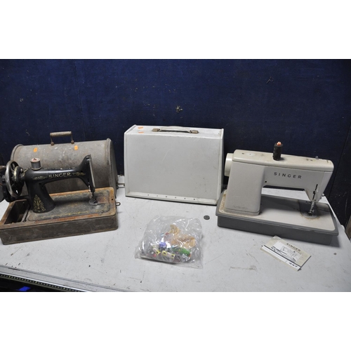 1091 - TWO VINTAGE SINGER SEWING MACHINES along with a metal deed box bearing the name (mrs emily lyons) an... 