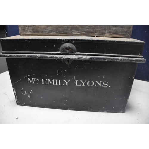 1091 - TWO VINTAGE SINGER SEWING MACHINES along with a metal deed box bearing the name (mrs emily lyons) an... 