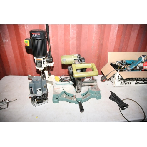 1122 - A RUILING R3253 COMPOUND MITRE SAW 110v with 10in blade, a Jet Bench morticer 240v (missing hold dow... 