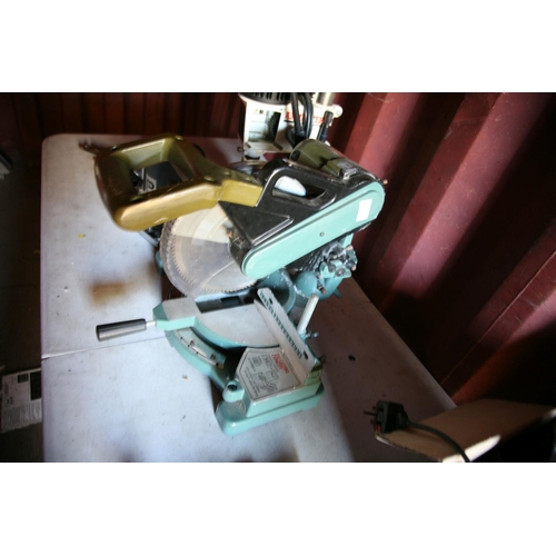 1122 - A RUILING R3253 COMPOUND MITRE SAW 110v with 10in blade, a Jet Bench morticer 240v (missing hold dow... 