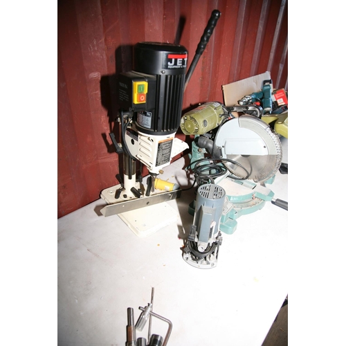 1122 - A RUILING R3253 COMPOUND MITRE SAW 110v with 10in blade, a Jet Bench morticer 240v (missing hold dow... 