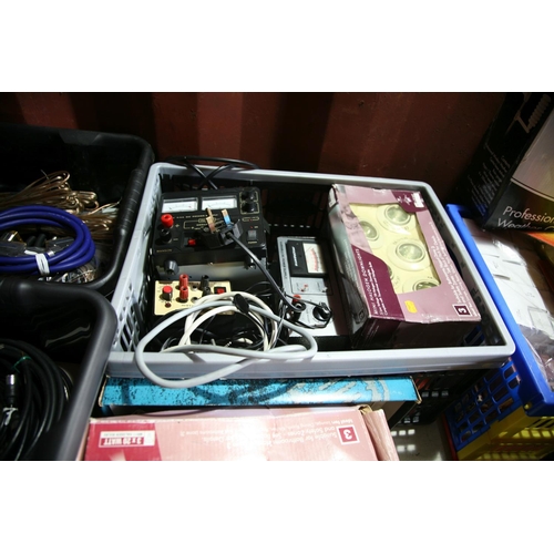 1135 - FIVE TRAYS AND LOOSE OF ELECTRICAL EQUIPMENT including 6 sets of downlighters , satellite dish LMBs ... 