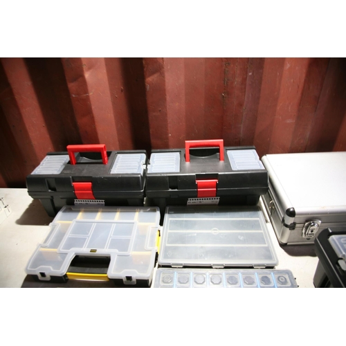 1139 - A CLARKE ALUMINIUM TOOL CASE, three plastic tool boxes and 4 hardware cases