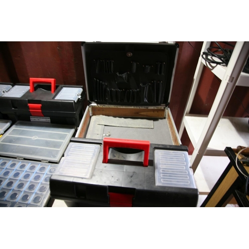 1139 - A CLARKE ALUMINIUM TOOL CASE, three plastic tool boxes and 4 hardware cases