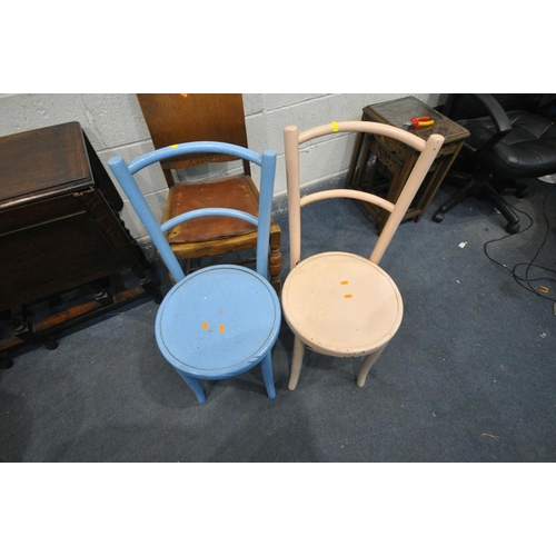 1209 - AN OAK BARLEY TWIST GATE LEG TABLE, a pair of oak dining chairs with drop in seat pads, four painted... 