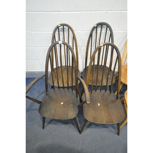 1217 - A SET OF EIGHT ELM SEATED ERCOL QUAKER WINDSOR STYLE CHAIRS, Including one carver, four stained and ... 