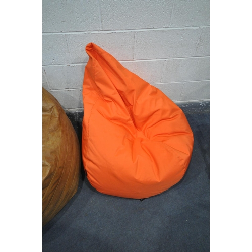 1223 - A COZIBAG.CO.UK LEATHER BEAN BAG, a Loft25 fluorescent orange bean bag, and a box of various cushion... 